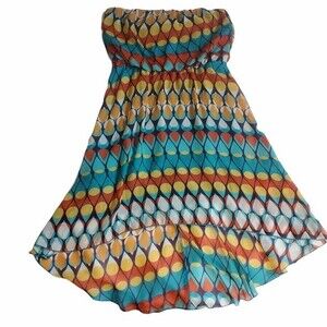 As U Wish Teal Orange Yellow Navy White Multicolor Strapless Hi Low Dress sz M